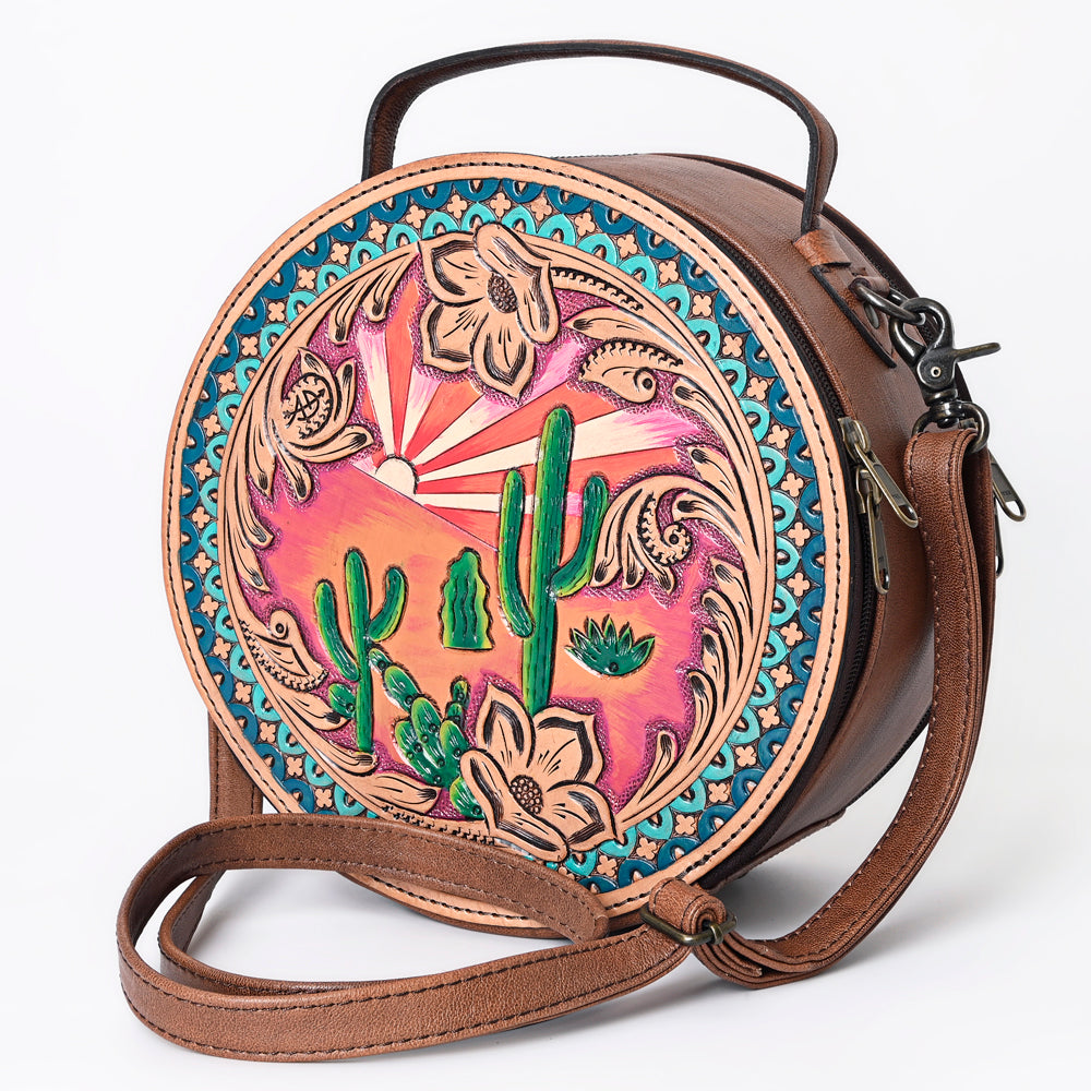 American Darling Western Canteen Bag Hand Tooled Floral Carved Genuine Leather Crossbody 10in (H) X 10in (W) X 5in (D)