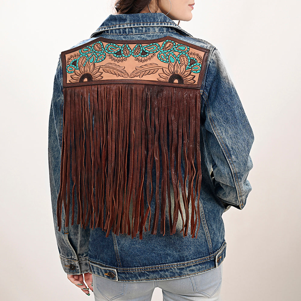 American Darling Genuine leather Hand tooled carved Women 100% cotton Denim jacket dress ladies girl | Shirt for