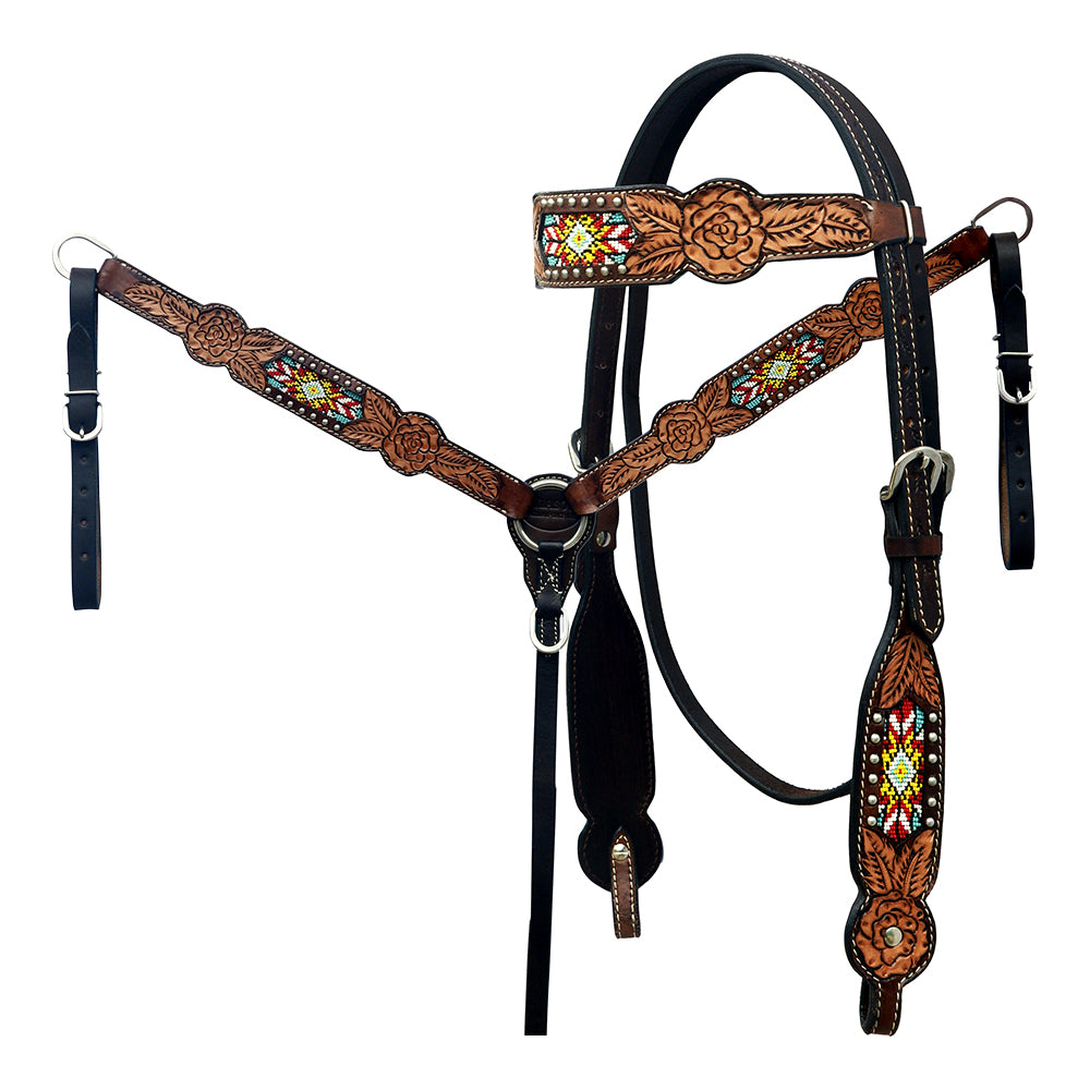 HILASON Western Leather Horse Headstall Breast Collar Floral Design Dark Brown | Tack Set for Horses