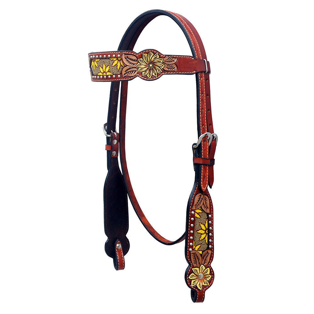 HILASON Western Horse Genuine Leather Floral Design Tack Set Mahogany