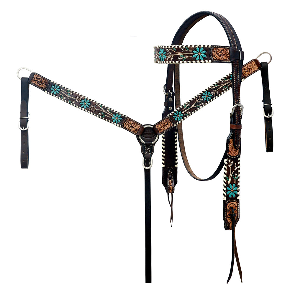 HILASON Western Leather Horse Headstall Breast Collar Floral Tack Set Dark Brown | for Horses