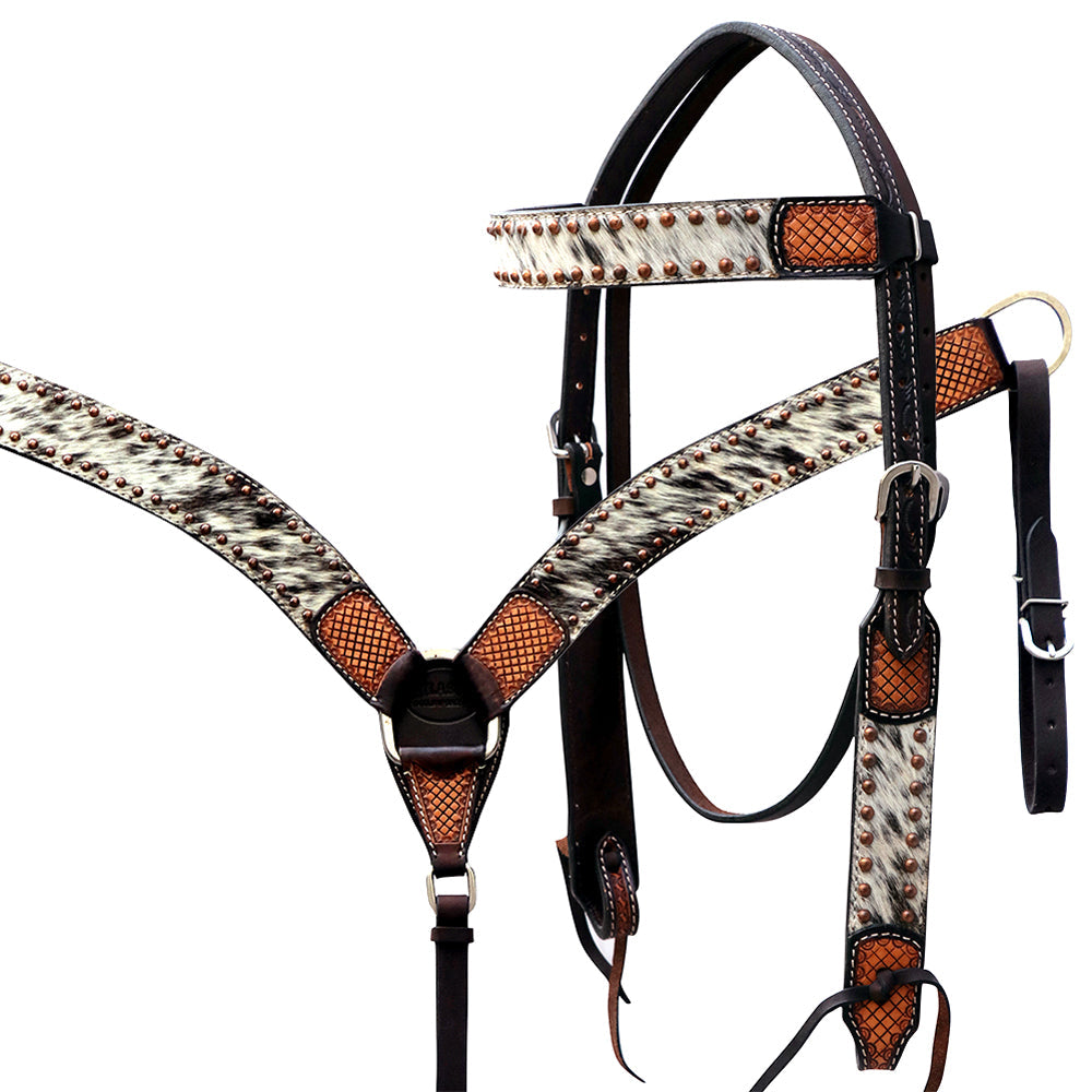 Hilason Horse Hand Tooled American Hair On Leather Breast Collar Headstall Brown