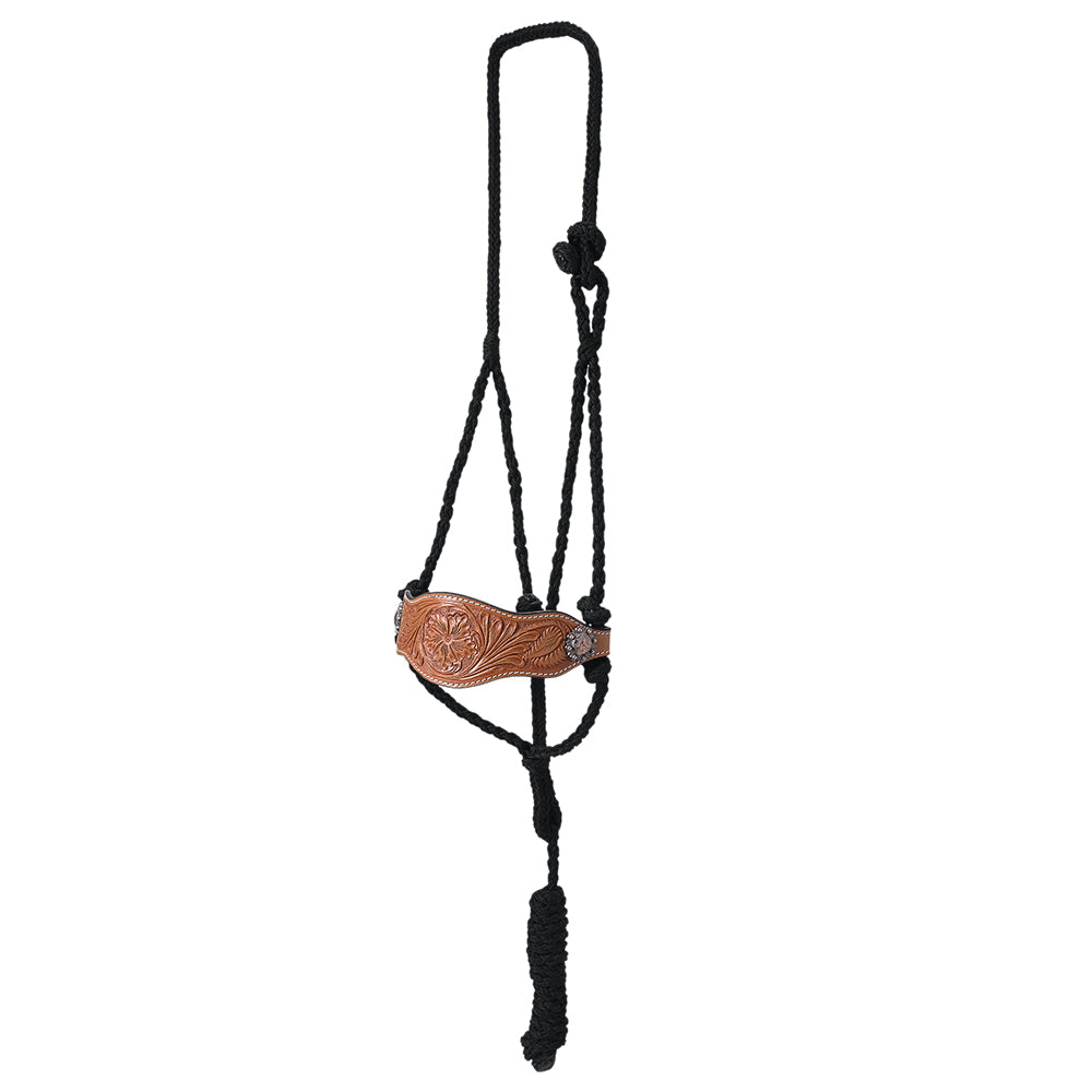 HILASON Western Horse Halter Basic Poly Rope with Lead Floral Leather Black 8 Ft | Halters for Horses and