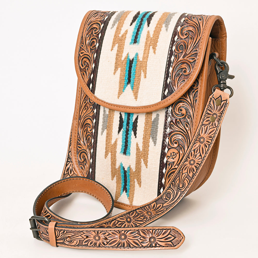 American Darling Western Crossbody Bag Hand Tooled Floral Carved Leather with Saddle Blanket 11in (H) X 9in (W) X 4in (D)