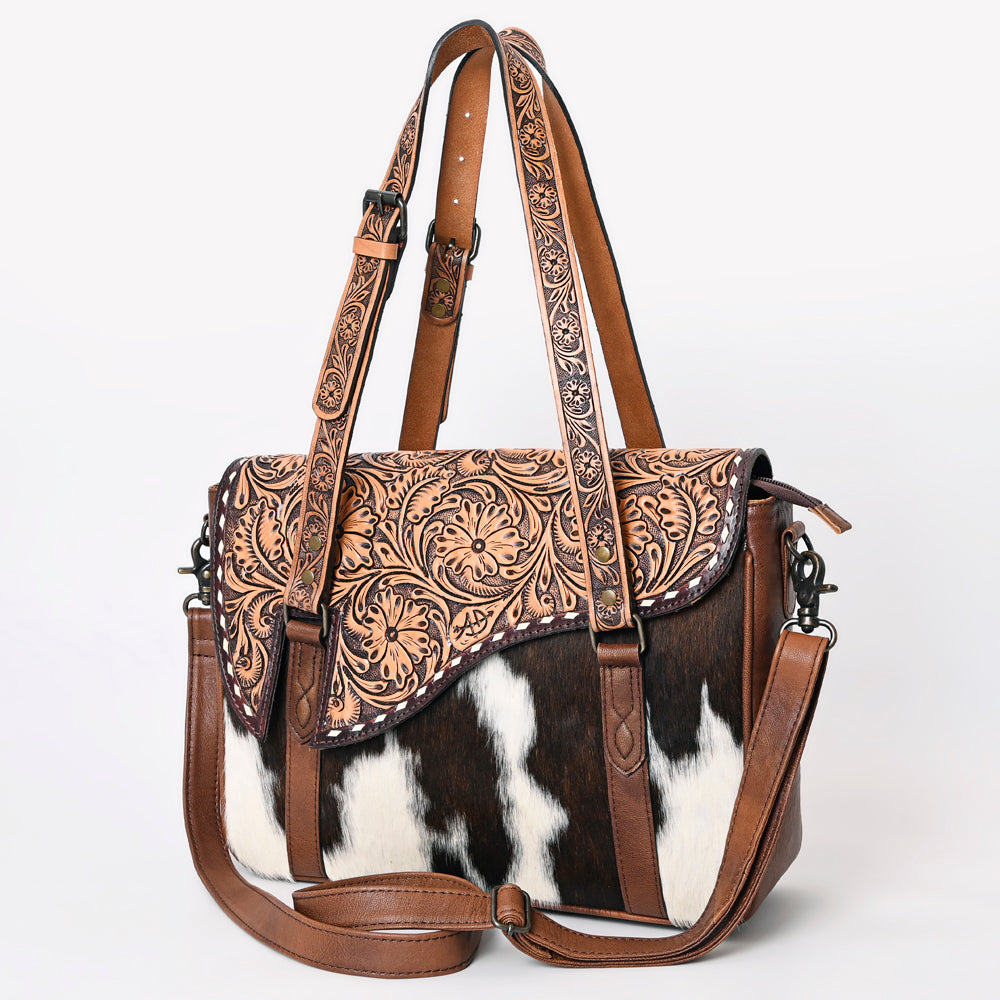 American Darling Hair-On Cowhide Western Tote Bag with Hand-Tooled Leather, Floral Carved Strap, Premium Genuine Leather
