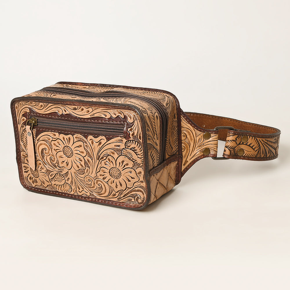 American Darling Western Fanny Pack, Hand-Tooled Floral Carved Genuine Leather Waist Bag with Multi-Pocket Design for Everyday Carry
