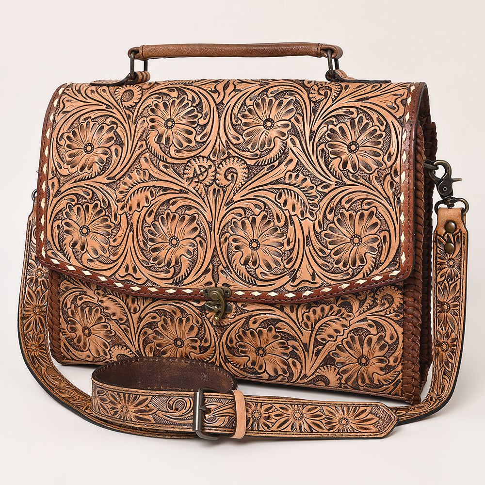 American Darling Western Hand-Tooled Leather Briefcase Bag – Floral Carved Genuine Leather Work Tote with Adjustable Strap & Top Handle