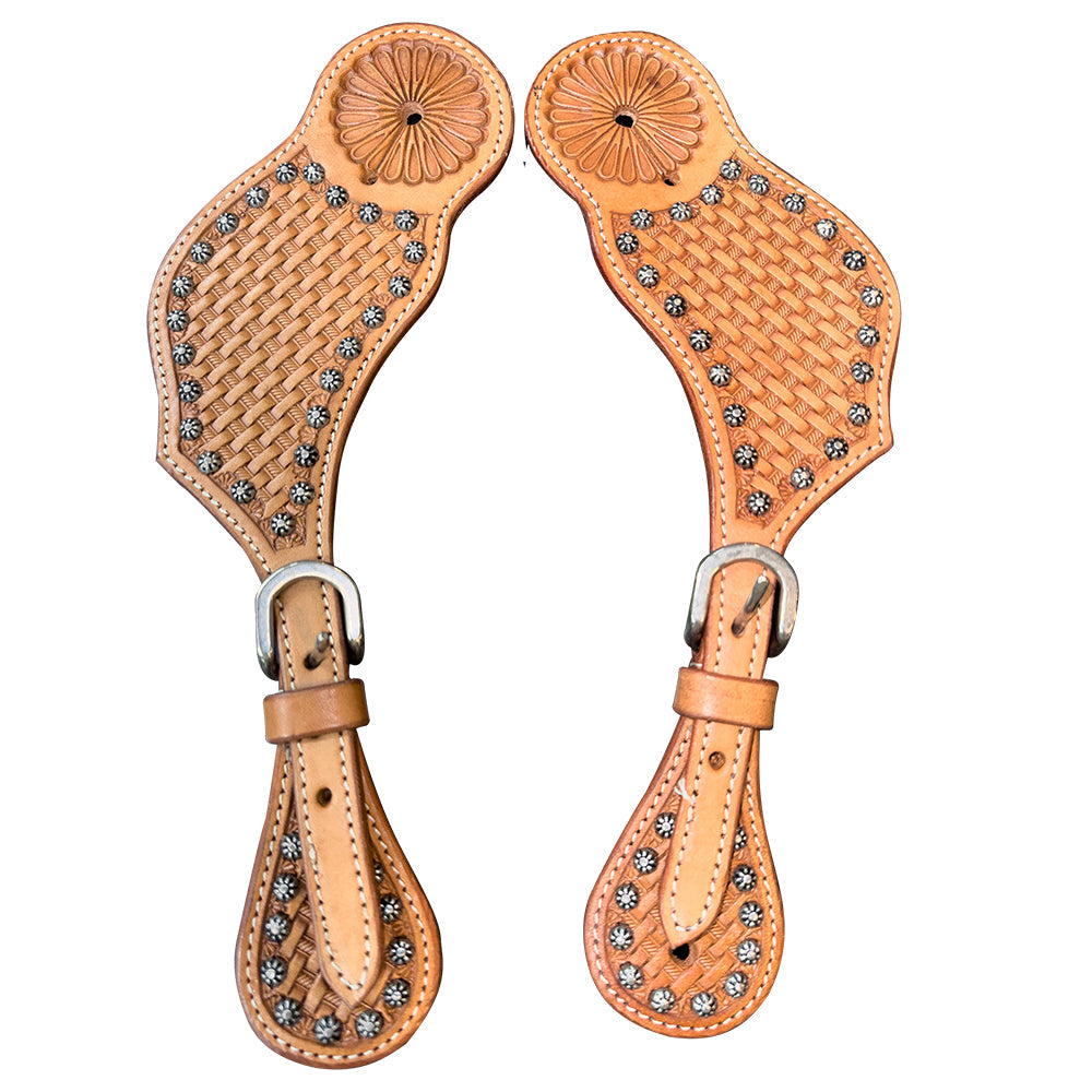 HILASON Western Unisex Spur Strap for Horse Riding Tan Basket Tooled Studds