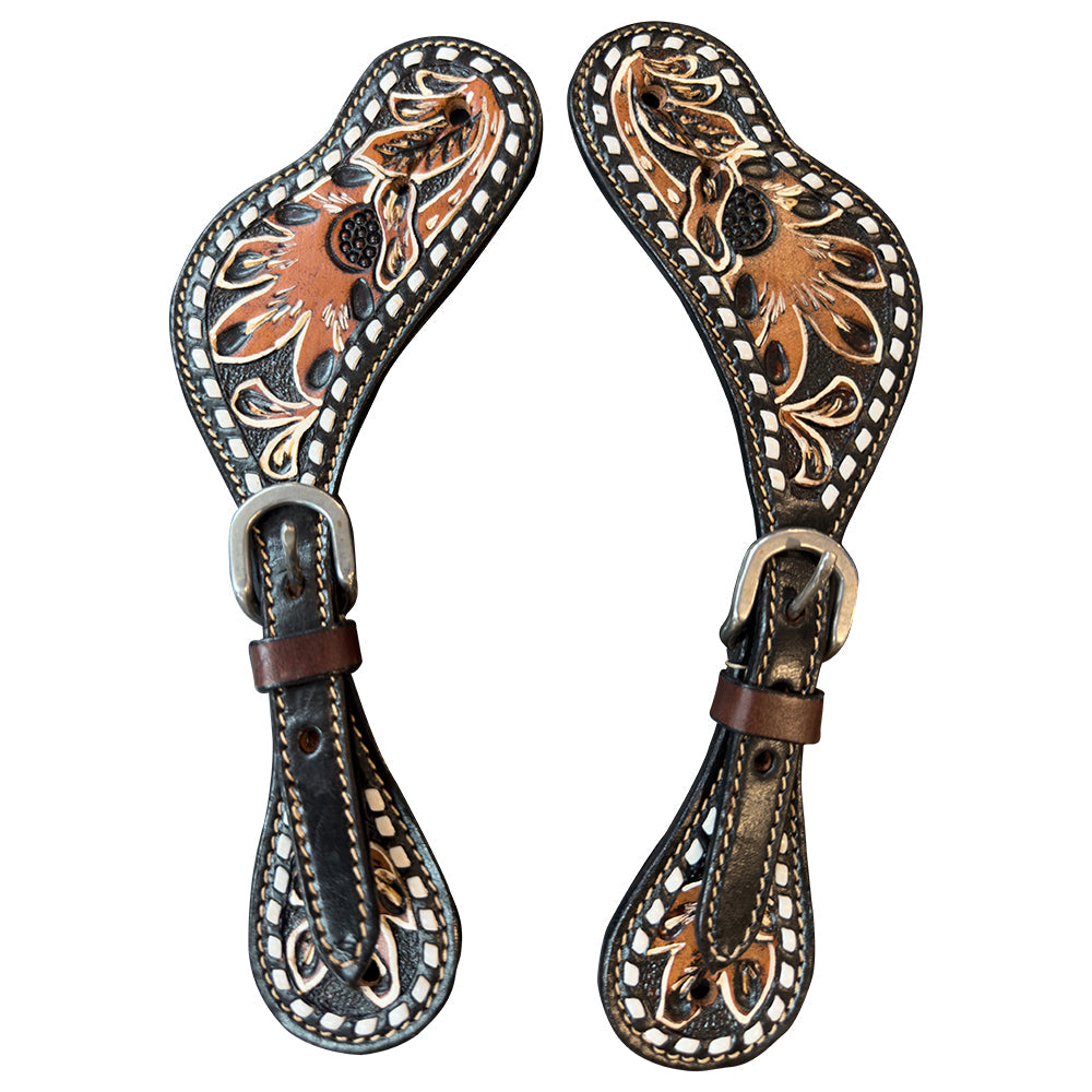 HILASON Unisex Spur Strap for Horse Riding Dark Brown Floral W/ Buck Stitch