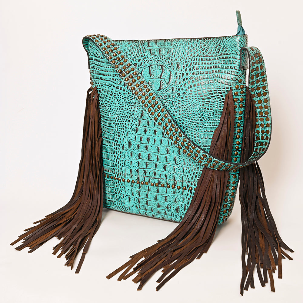 American Darling Women’s Crocodile Embossed Genuine Leather Western Fringe Shoulder Bag with Long Strap 16in (H) X 12in (W) X 4in (D)