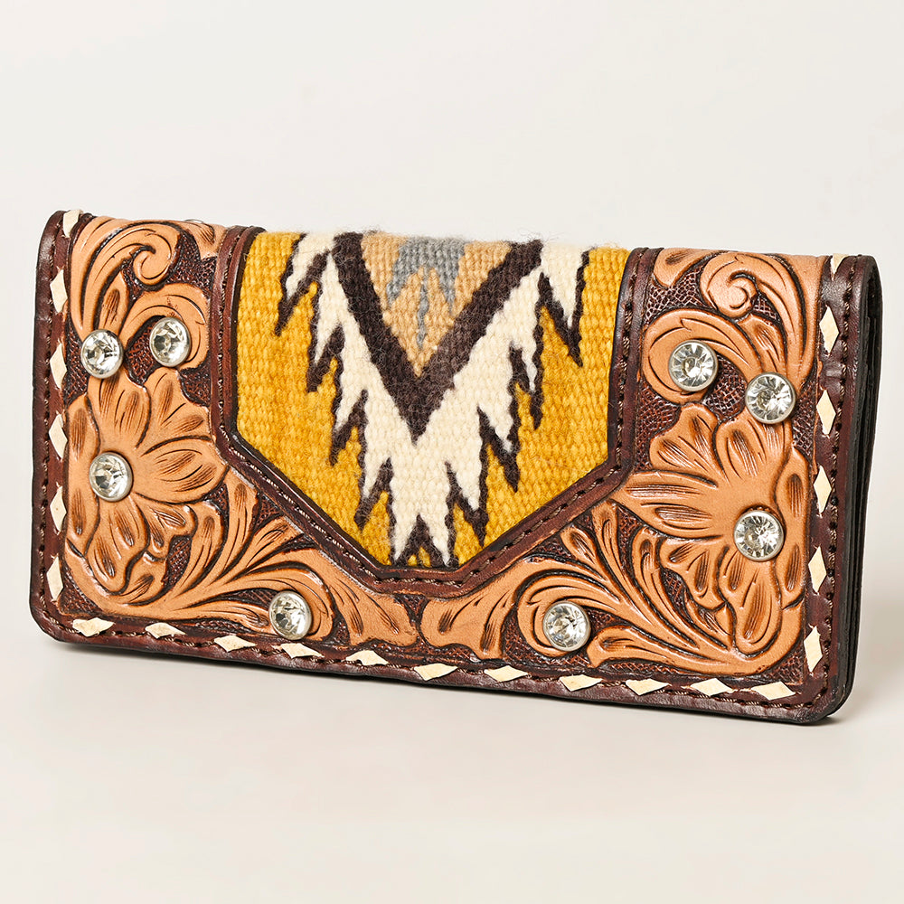 American Darling Hand-Tooled Genuine Leather Wallet Bag with Woven Saddle Blanket Panel 4.5in (H) X 8in (W)