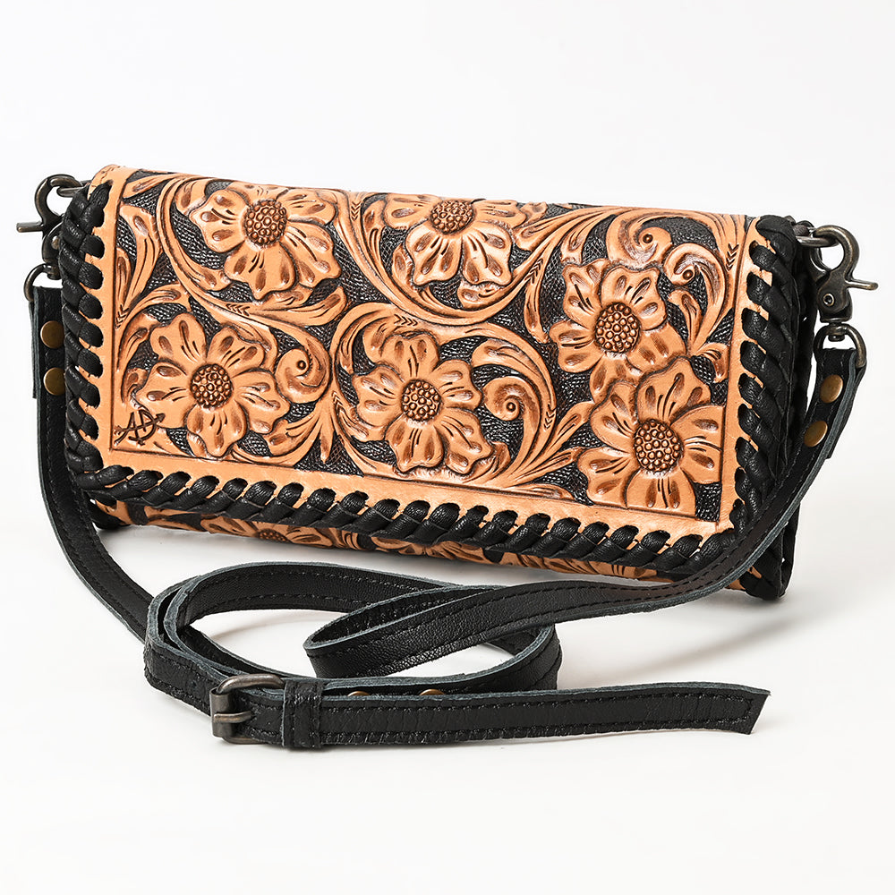 American Darling Western Crossbody Wallet Handcrafted from Tooled Genuine Leather | Floral Carved Flap, Braided Edge & Zip Pocket