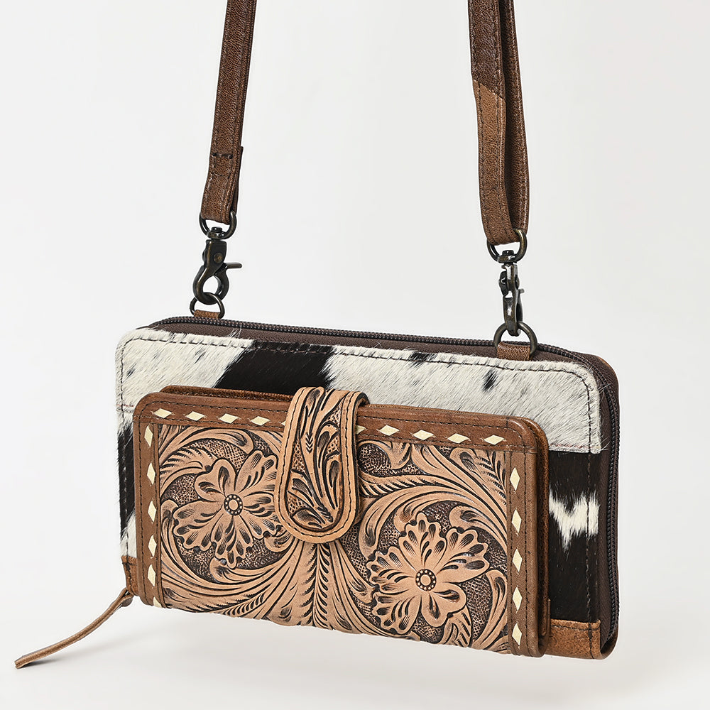 American Darling Hair-On Cowhide & Hand-Tooled Organizer Wallet Bag| Western Crossbody Clutch