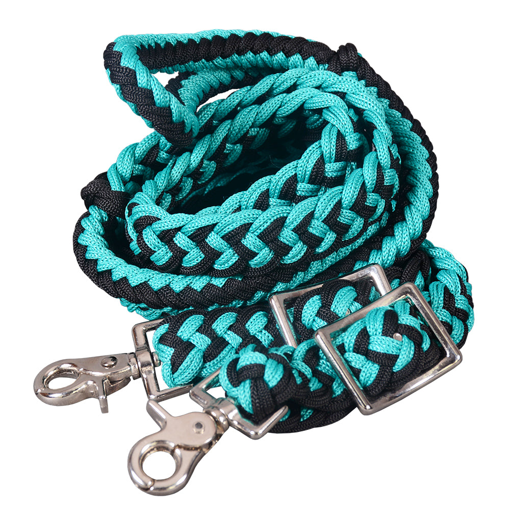 8 Ft. HILASON Braided Turquoise & Black Flat Poly Roping Rein