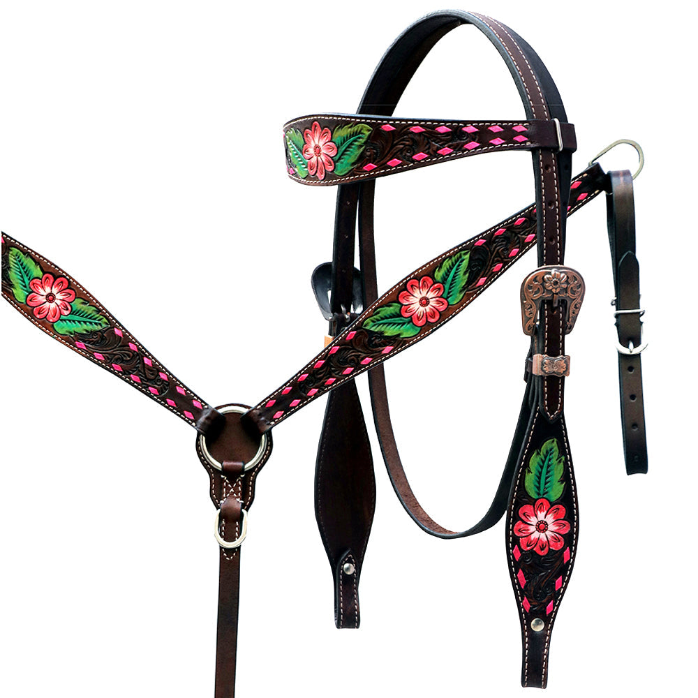 Comfytack Western Horse Floral Genuine Leather Breast Collar Headstall