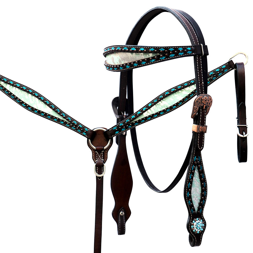COMFYTACK Western Horse Buck Stitch Headstall Breast Collar Genuine Leather Dark Brown