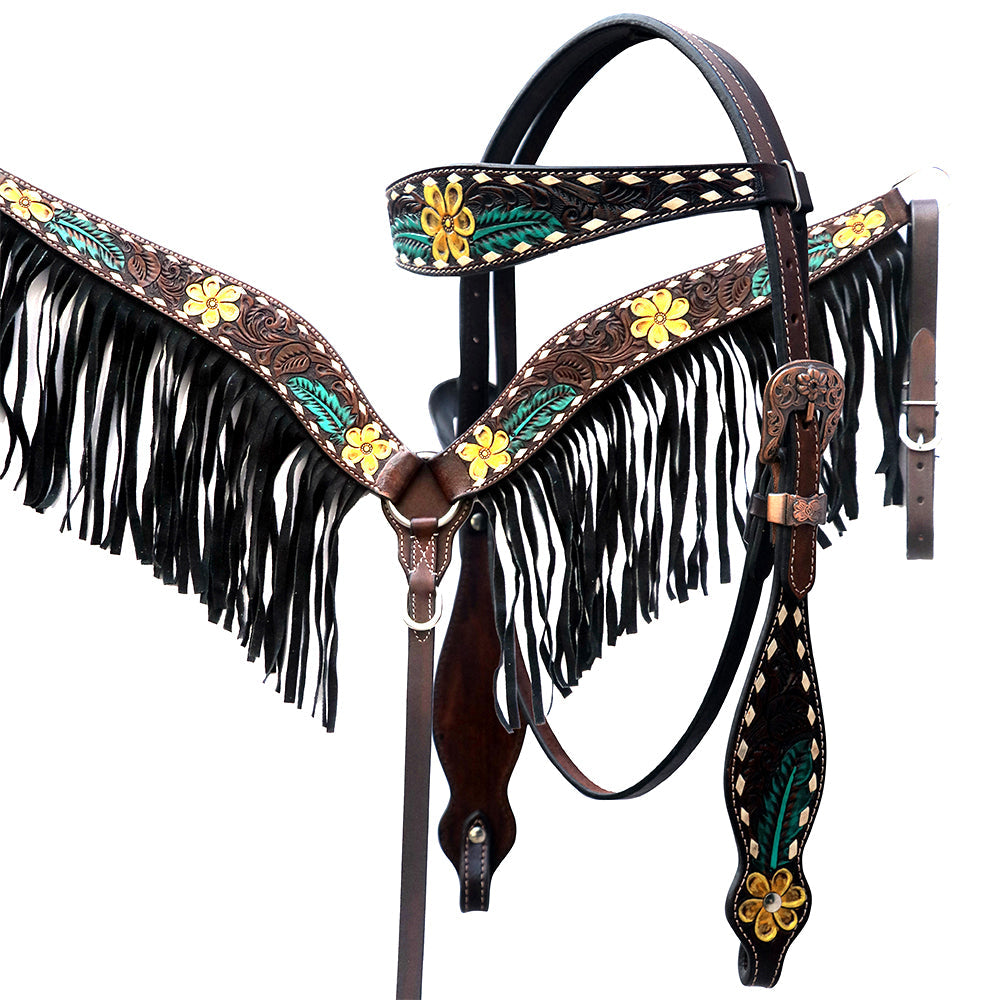Comfytack Horse Floral Hand Painted Genuine Leather Breast Collar Headstall Fringes
