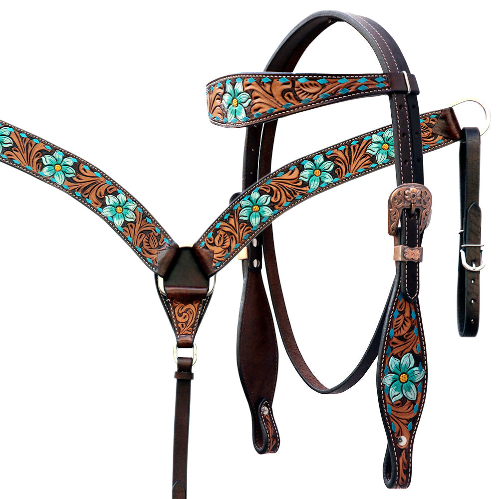 Comfytack Western Floral Horse Genuine Leather Breast Collar Headstall