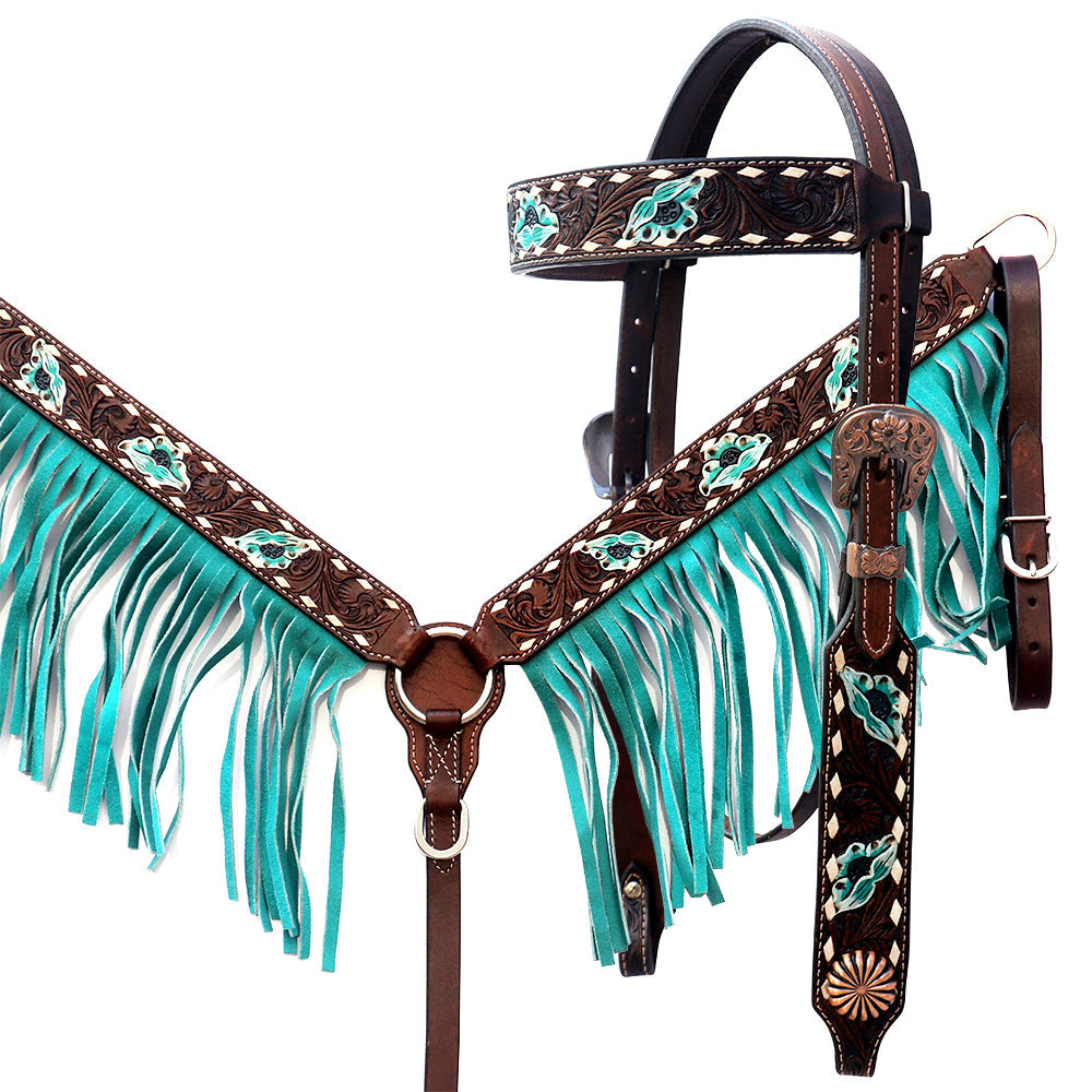 Comfytack Horse Floral Hand Painted Genuine Leather Breast Collar Headstall Fringes