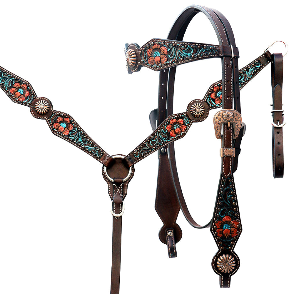 Comfytack Floral Horse Western Leather Breast Collar & Headstall