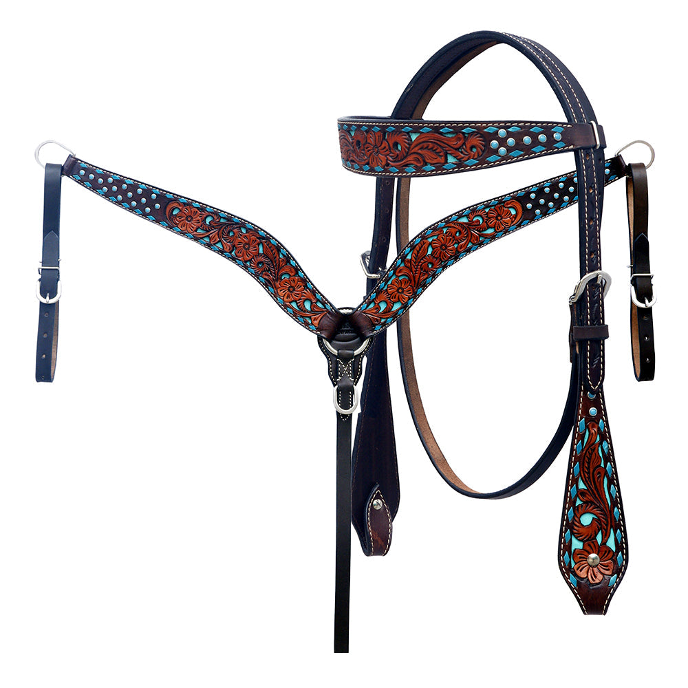 Hilason Horse Floral Hand Carved American Leather Breast Collar Headstall Brown