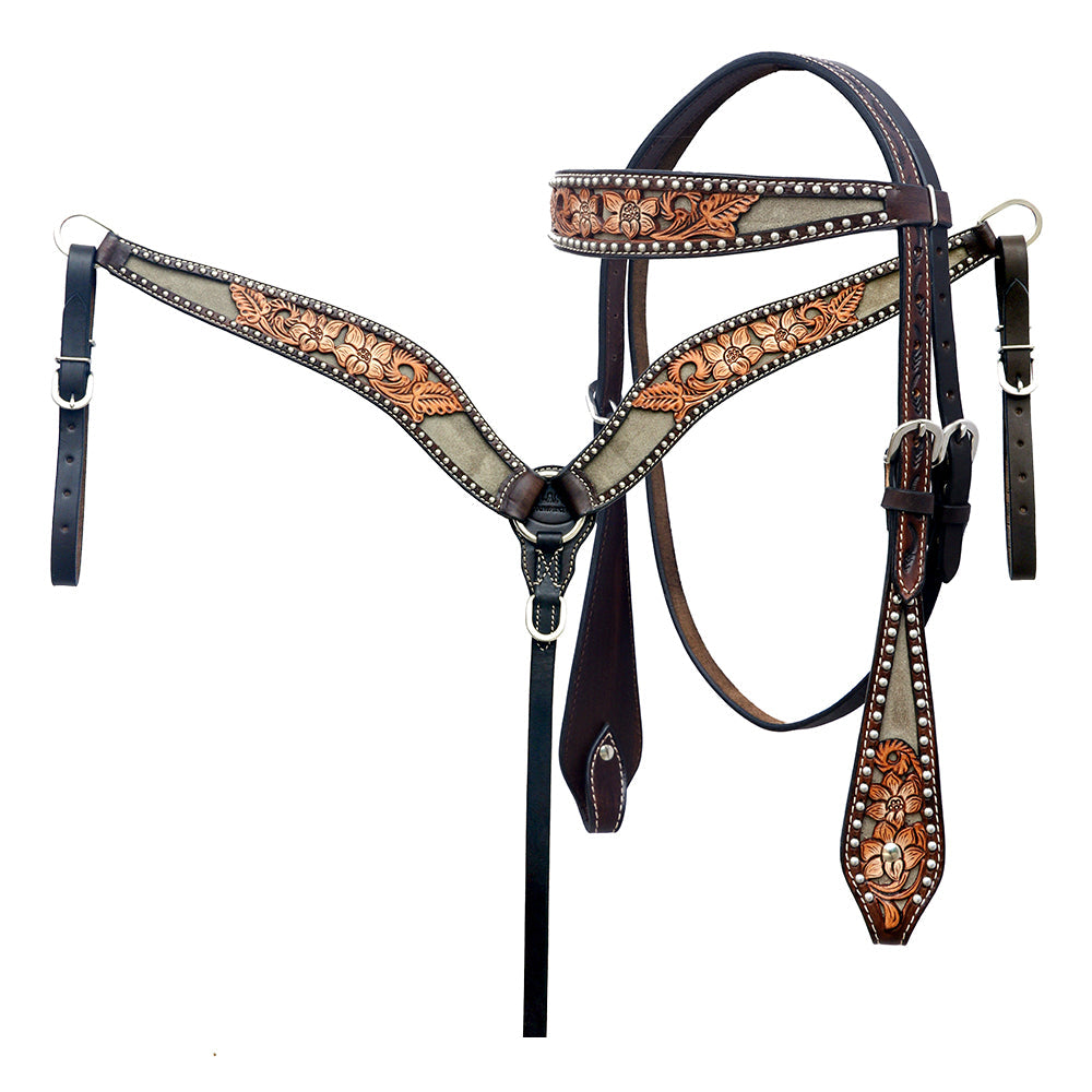 Hilason Horse Floral Hand Carved American Leather Breast Collar Headstall Brown