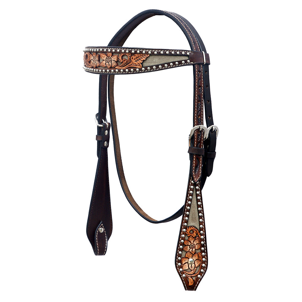 Hilason Horse Floral Hand Carved American Leather Breast Collar Headstall Brown