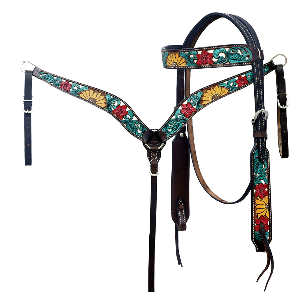 HILASON Western Horse Headstall & Breast Collar American Leather Floral Carving