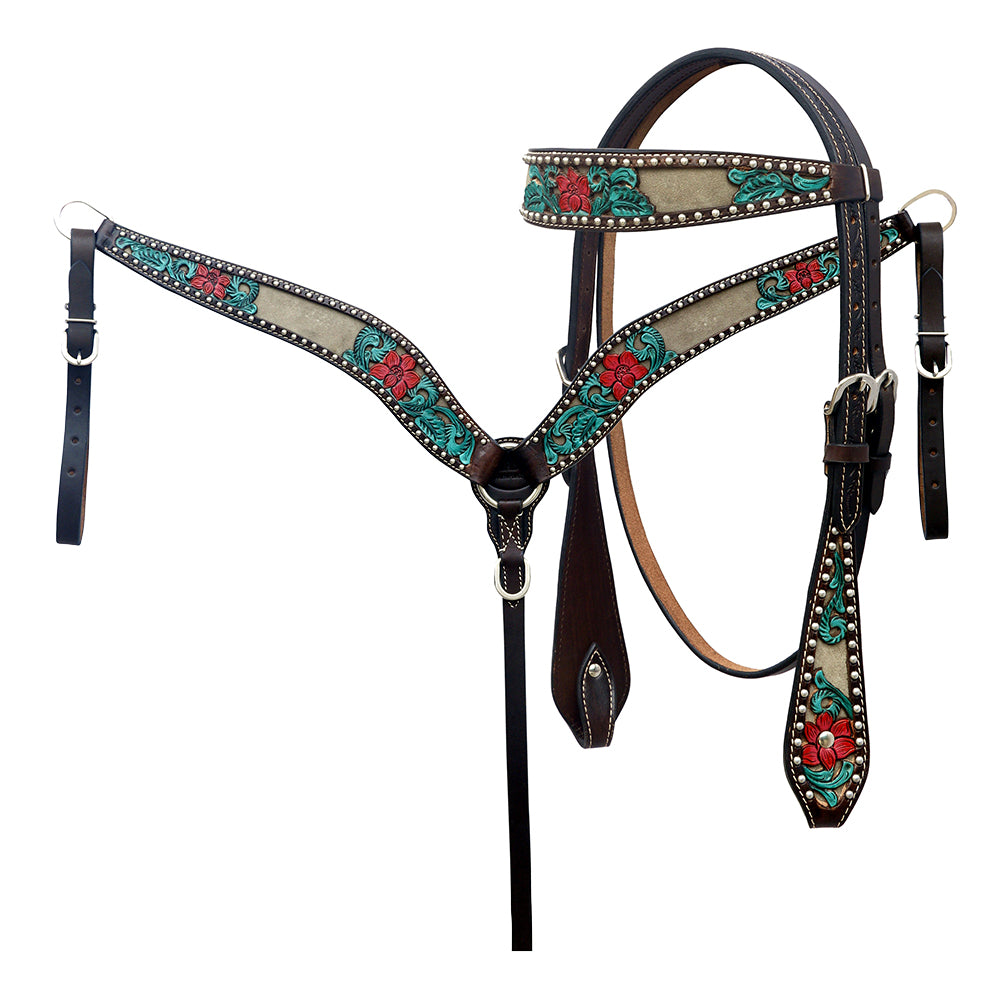 HILASON Western Horse Headstall & Breast Collar American Leather Floral Carving