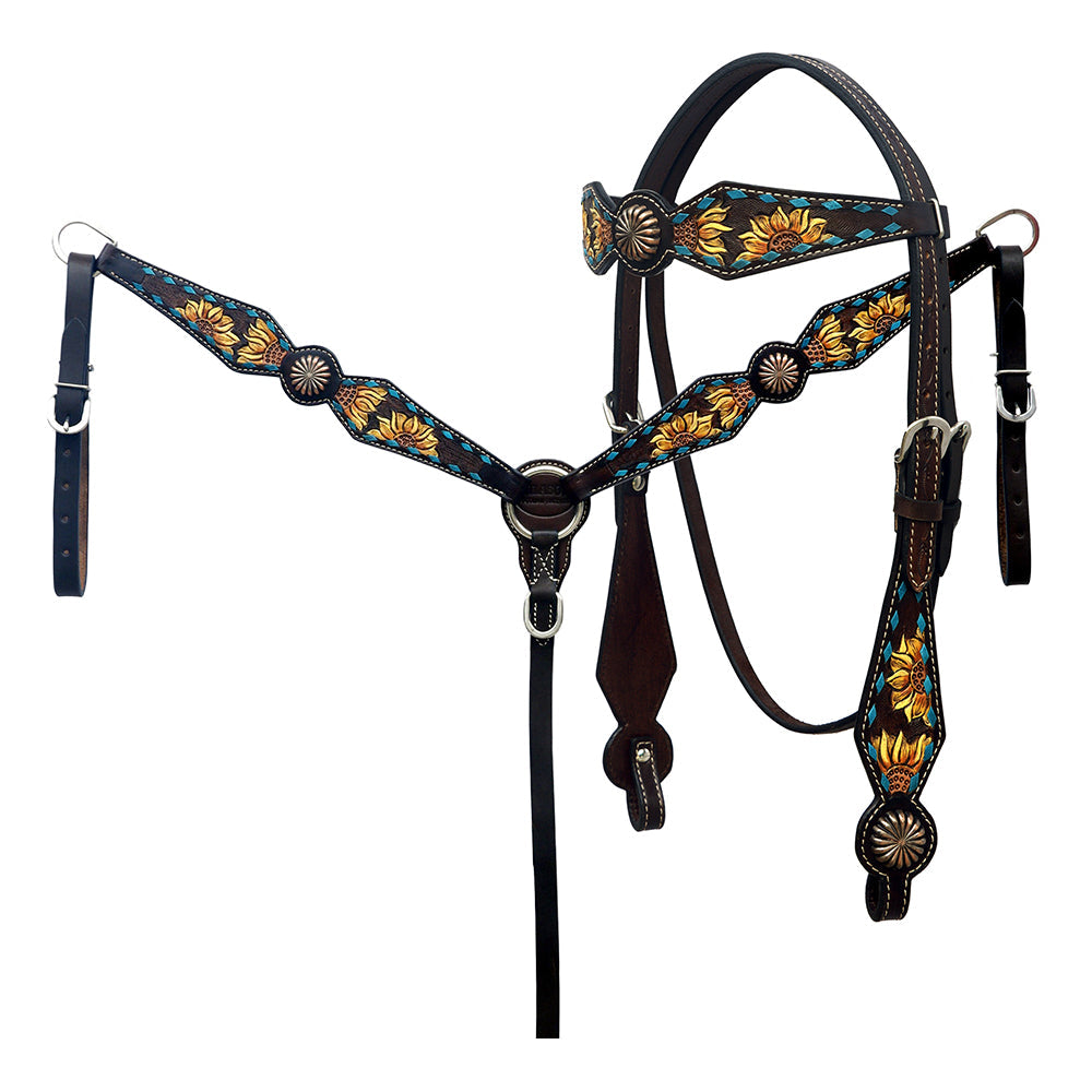 Hilason Horse Floral Hand Painted American Leather Breast Collar Headstall Concho Brown