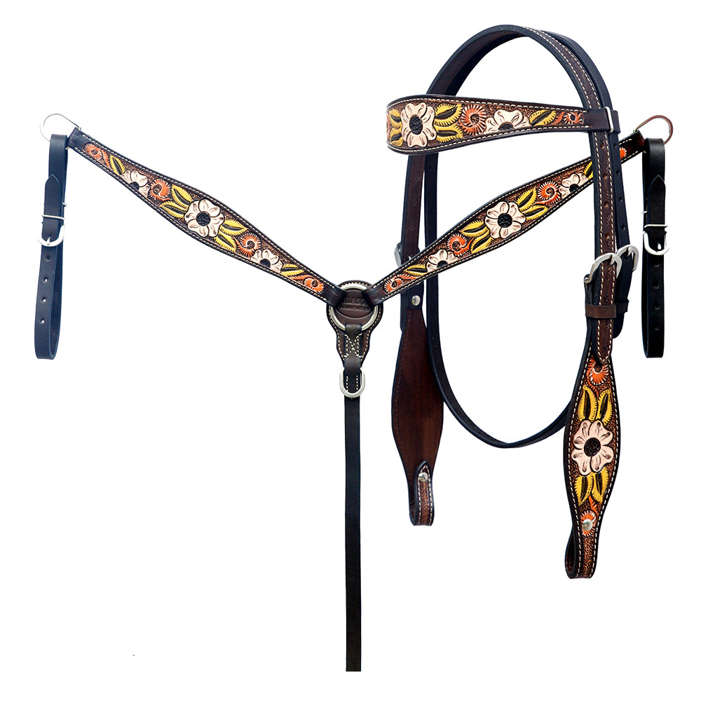 HILASON Western Horse Headstall & Breast Collar American Leather Floral Carving
