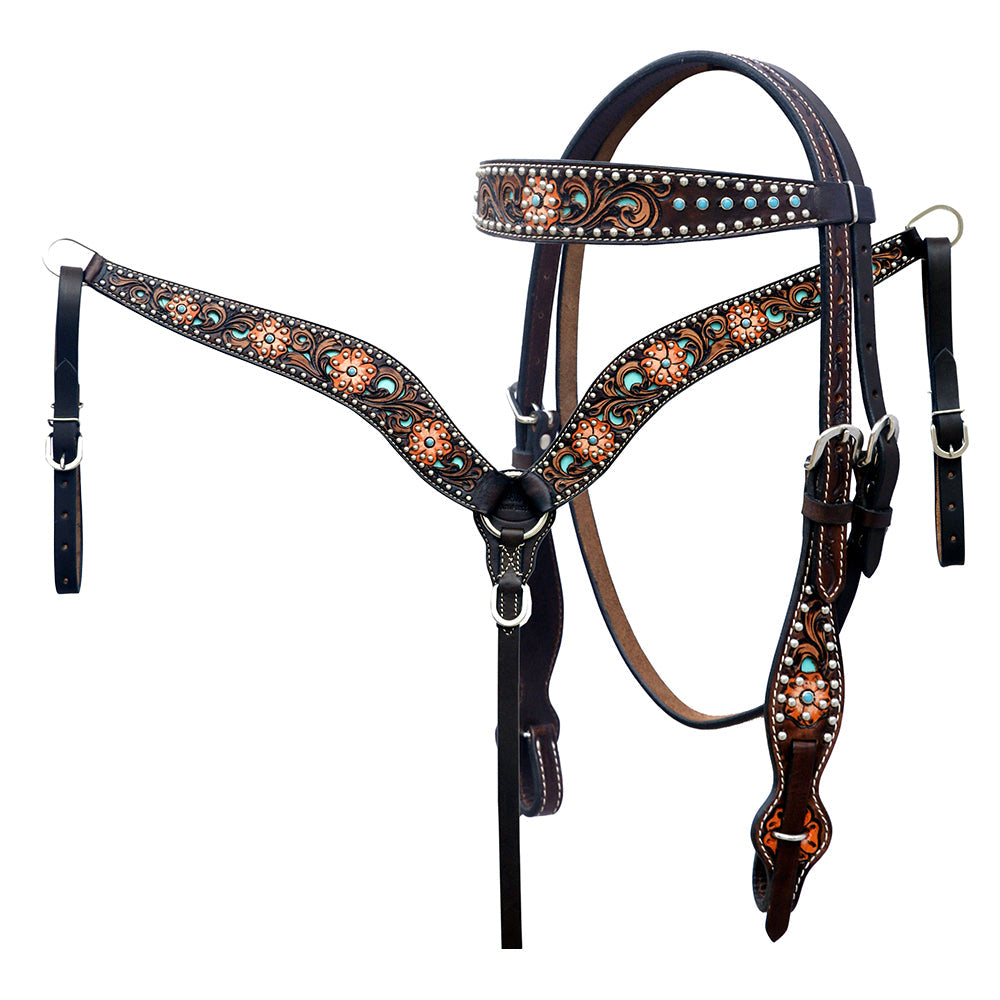 Hilason Horse Floral Hand Painted American Leather Breast Collar Headstall Brown