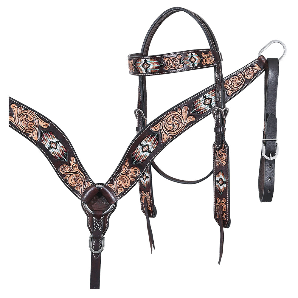 HILASON Western Horse Headstall & Breast Collar American Leather Floral Beaded