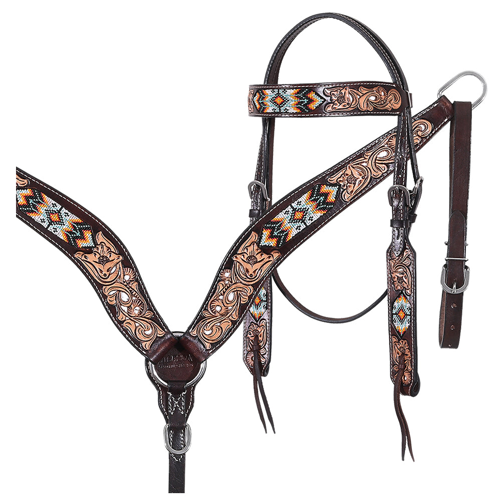 HILASON Western Horse Headstall & Breast Collar American Leather Floral Beaded