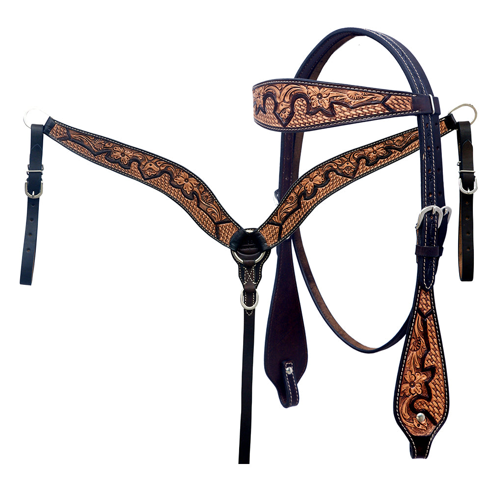 HILASON Western Horse Headstall & Breast Collar American Leather Hand Carving