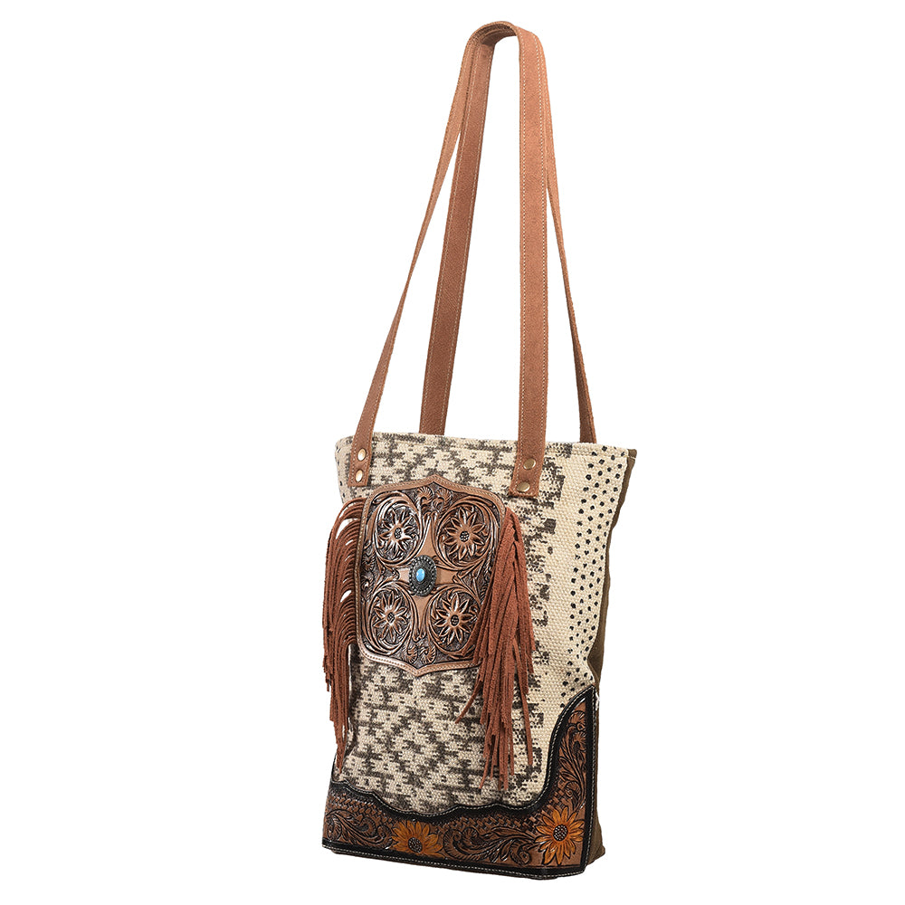 Ohlay Bags OHV114 Tote Hand Tooled Upcycled Canvas Genuine Leather Women Bag Western Handbag Purse