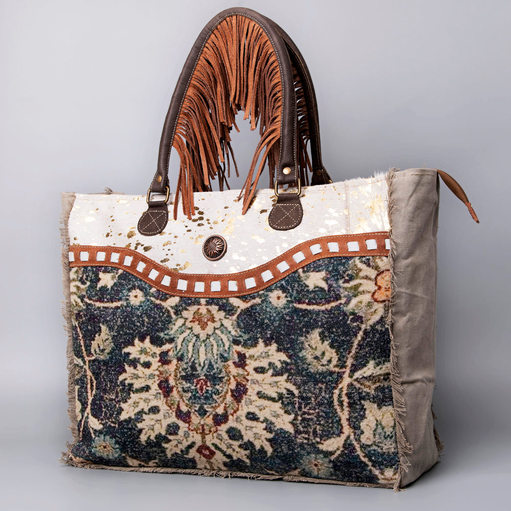 OHLAY Weekender Upcycled Canvas Hair-On Genuine Leather Women Bag Western Handbag Purse | Womens Handbags Belt for Summer