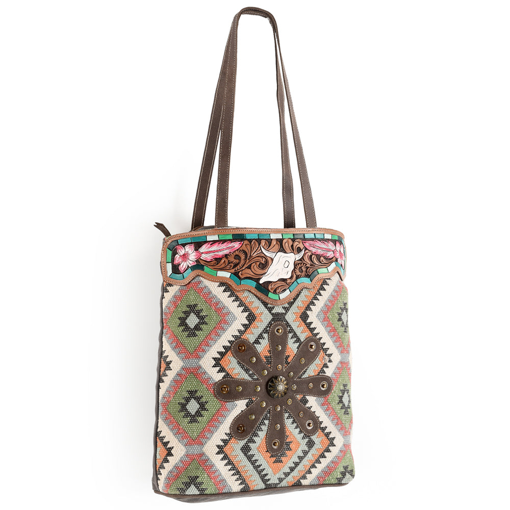 Ohlay Bags OHV166 Tote Hand Tooled Upcycled Wool Canvas Hair-On Genuine Leather Women Bag Western Handbag Purse