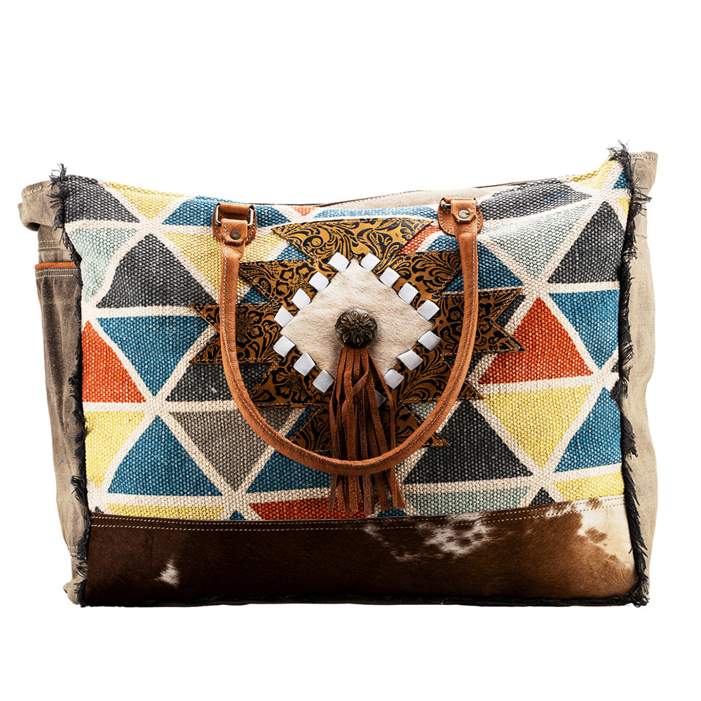 OHLAY Weekender Upcycled Wool Canvas Embossed Hair-On Genuine Leather Women Bag Western Handbag Purse Womens Handbags