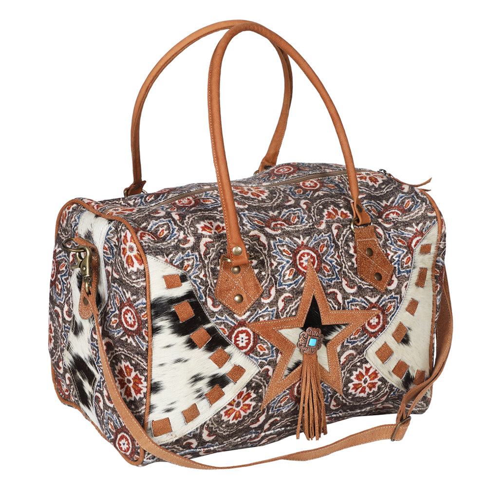 OHLAY Weekender Upcycled Canvas Hair-On Genuine Leather Women Bag Western Handbag Purse | Womens Handbags Belt for Summer