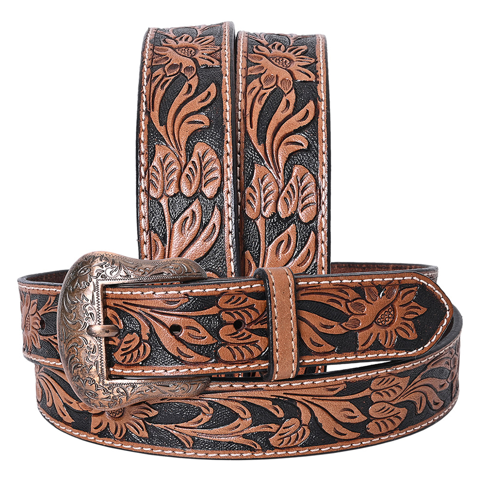 COMFYTACK Western Genuine Leather Belt for Men Women Cowboy Cowgirl Handmade Unisex Full Grain Heavy Duty Floral Tooled