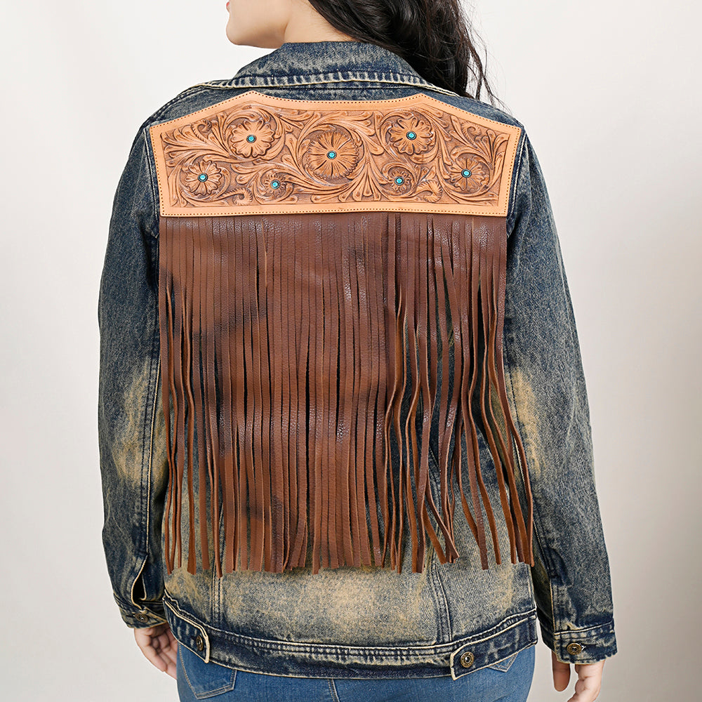 American Darling Genuine leather Hand tooled carved Women 100% cotton Denim jacket dress ladies girl | Shirt for