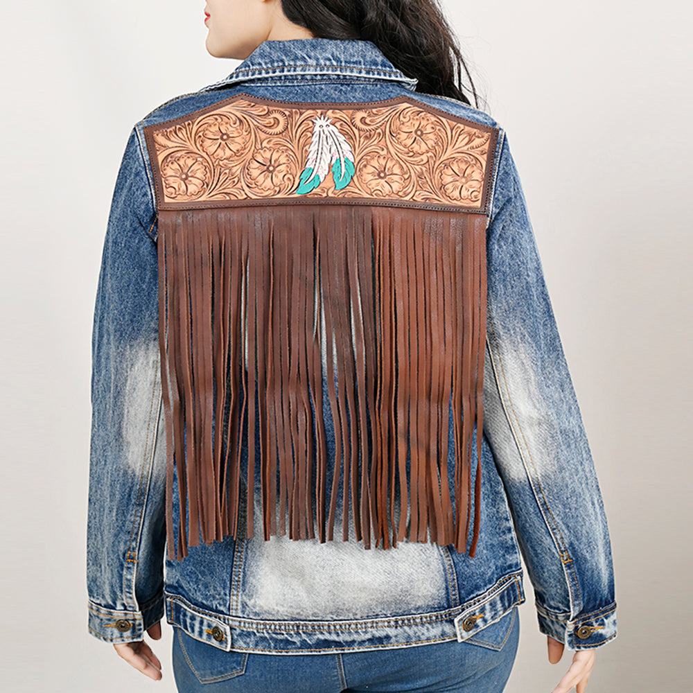 American Darling Genuine leather Hand tooled carved Women 100% cotton Denim jacket dress ladies girl | Shirt for
