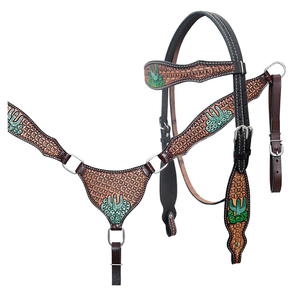 Hilason Horse Cactus Hand Painted American Leather Breast Collar Headstall Brown