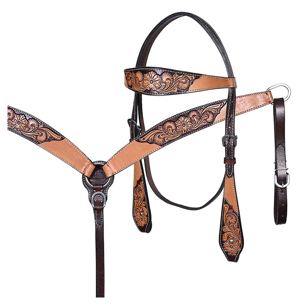HILASON Western Horse Headstall & Breast Collar American Leather Floral Carving