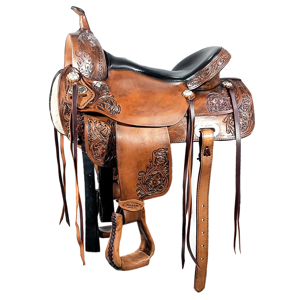 17 In Hilason Flex Tree Western Horse Saddle American Leather Brown Trail Barrel Floral Hand Carved & Tooled