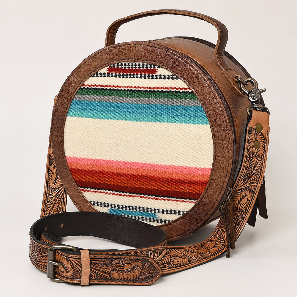 American Darling Western Leather Canteen Bag with Hand Woven Saddle Blanket, Genuine Leather Build & Tooled Shoulder Strap