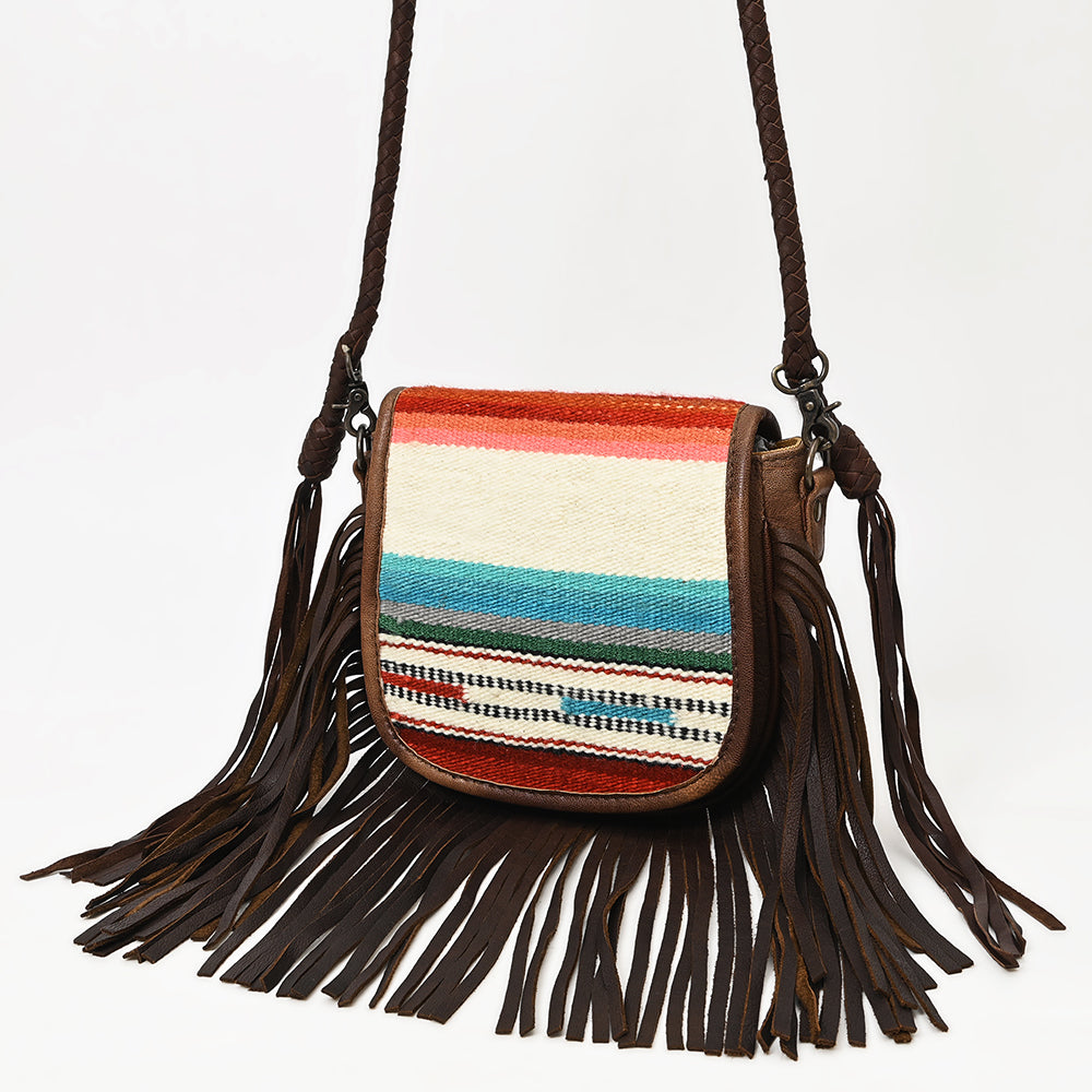 American Darling Western Leather Crossbody Bag with Fringe, Hand Woven Saddle Blanket Front & Genuine Leather Body