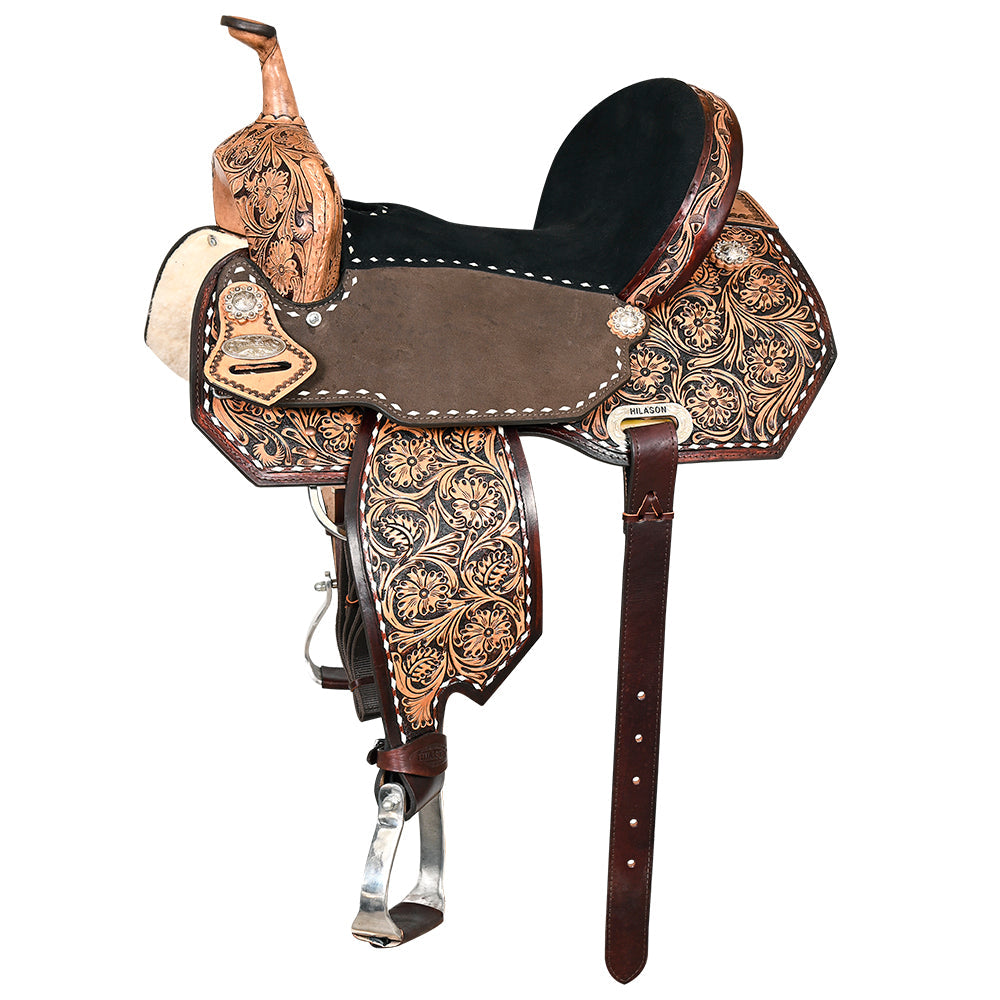 Hilason Flex Tree Western Horse Buckstitch Floral Trail Barrel American Leather Saddle Brown