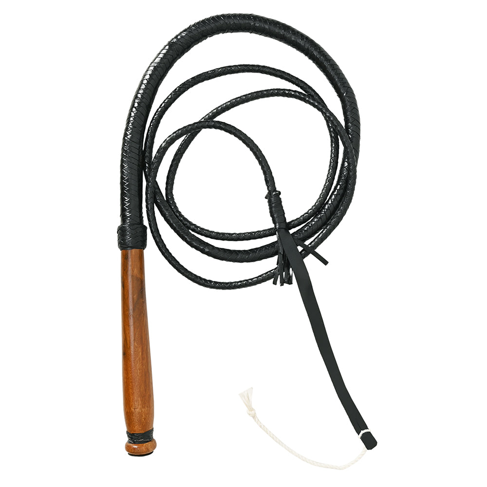 HILASON Indiana Jones Style Bull Whip 6ft to 12ft 8 Plaits Real Leather Equestrian Bullwhip Black Braided with Wooden Handle